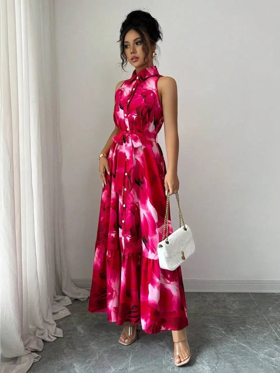 SHEIN Elenzga فستان ماكسي بياقة كشكش وأزرار أمامية وخصر مرتفع بنقشة زهور بلون وردي أحمر
