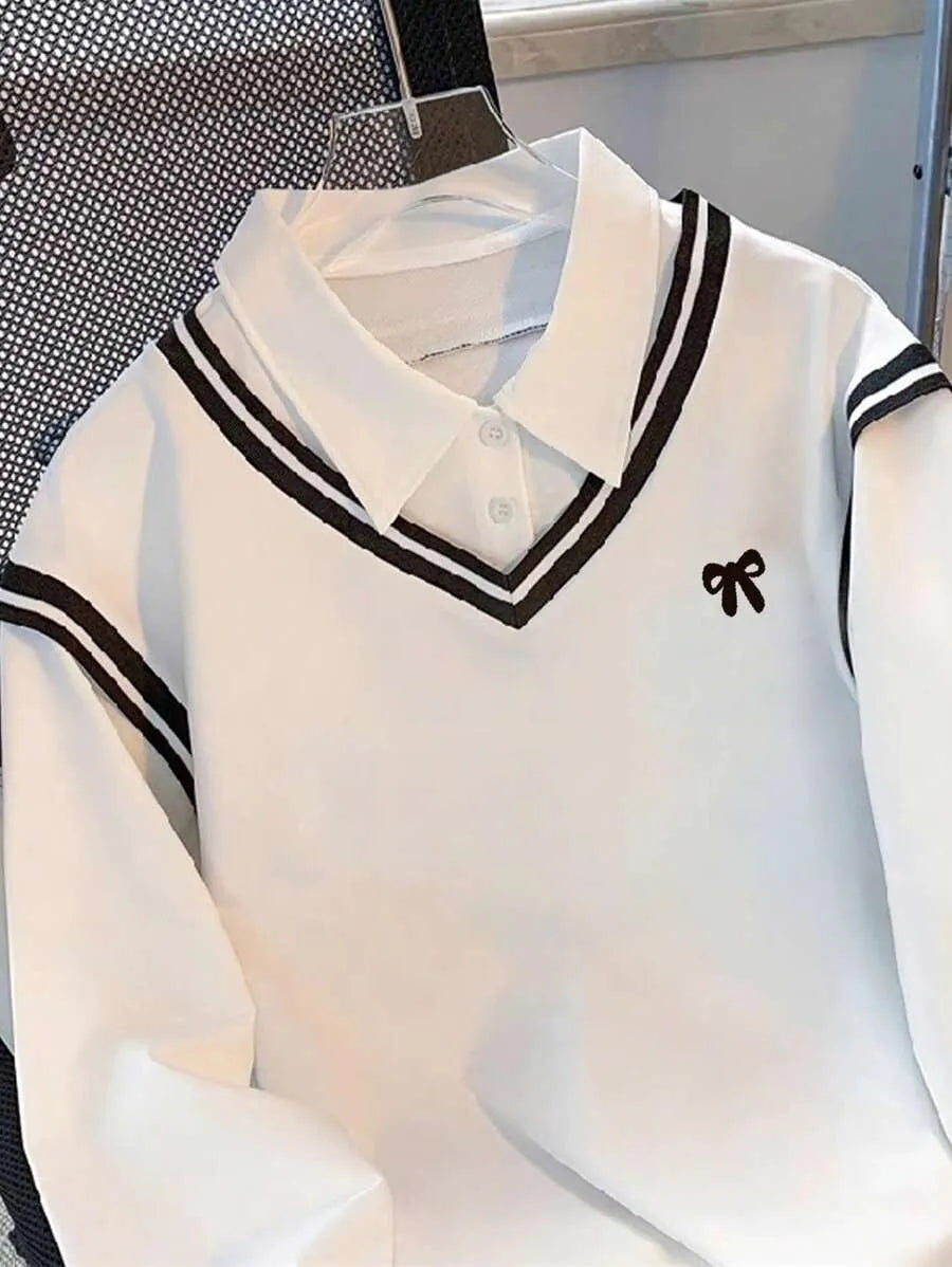 SHEIN Resyla بلوزة نسائية فضفاضة بياقة بولو وفيونكة وخطوط بلون أبيض