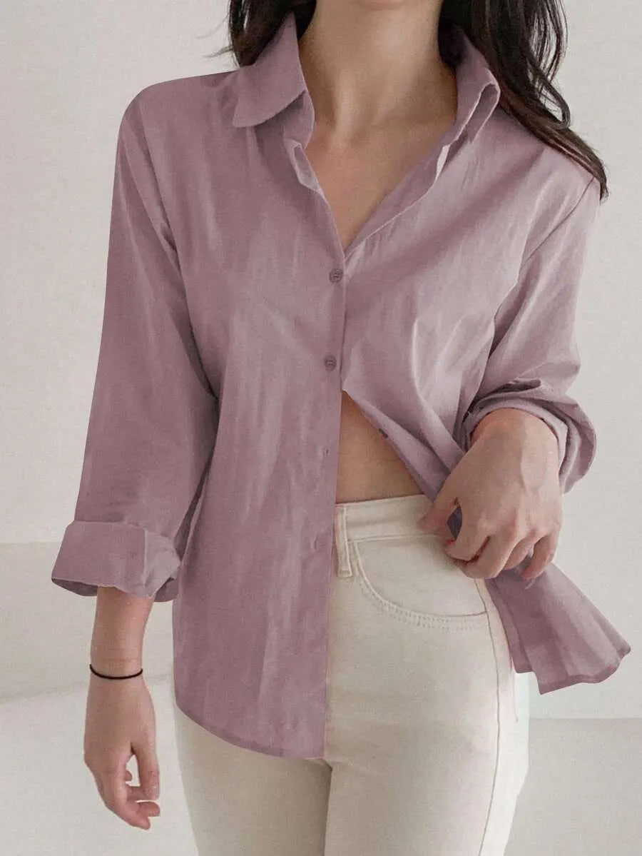 SHEIN DAZY قميص نسائي فضفاض بأزرار أمامية وأكتاف منخفضة بلون أرجواني