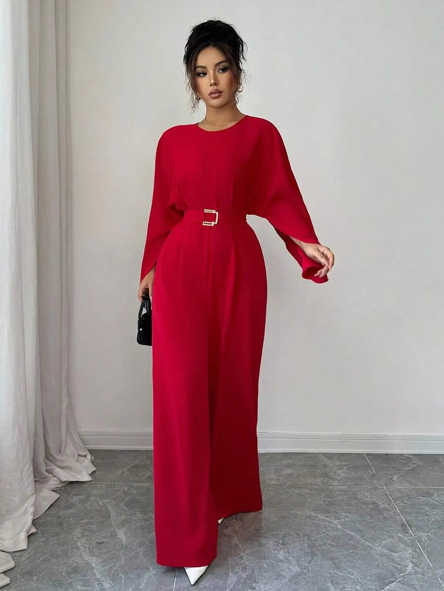 SHEIN Elenzga جمبسوت نسائي فضفاض بأكمام خفاش وحزام وتصميم متباين بلون أحمر