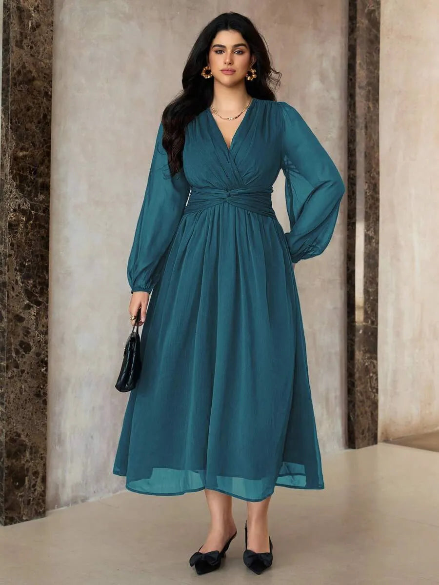 SHEIN Roveilla فستان نسائي بياقة وخصر مجعد وأكمام فانوس بلون أزرق مخضر