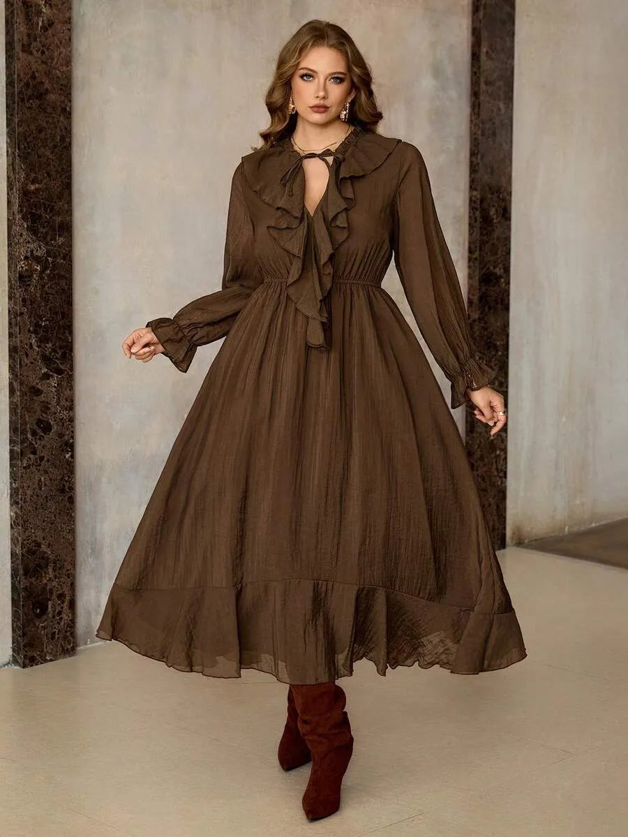 SHEIN Roveilla فستان نسائي بياقة وخصر برباط بلون بني