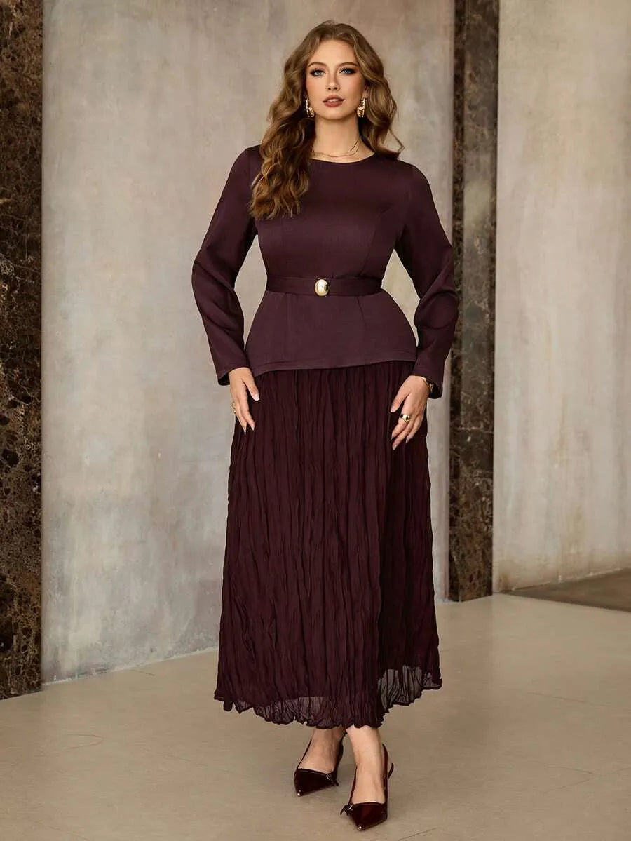 SHEIN Roveilla فستان نسائي طويل بأكمام طويلة وخصر مطوي مع حزام بلون كستنائي