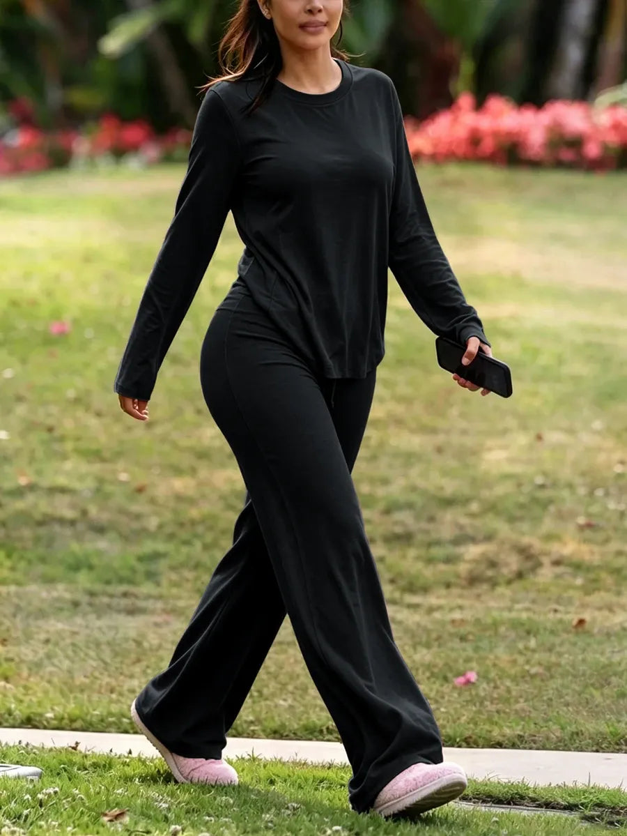 SHEIN INAWLY Solva طقم نسائي قطعتين تي شيرت بأكمام طويلة وبنطال رياضي بلون الأسود