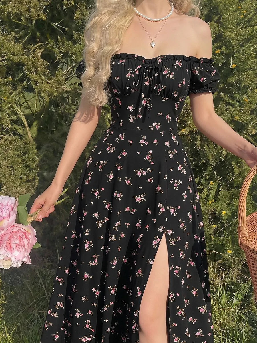 SHEIN Skyraze فستان نسائي بكتف مكشوف و بنقشة زهور صغيرة متعدد الألوان