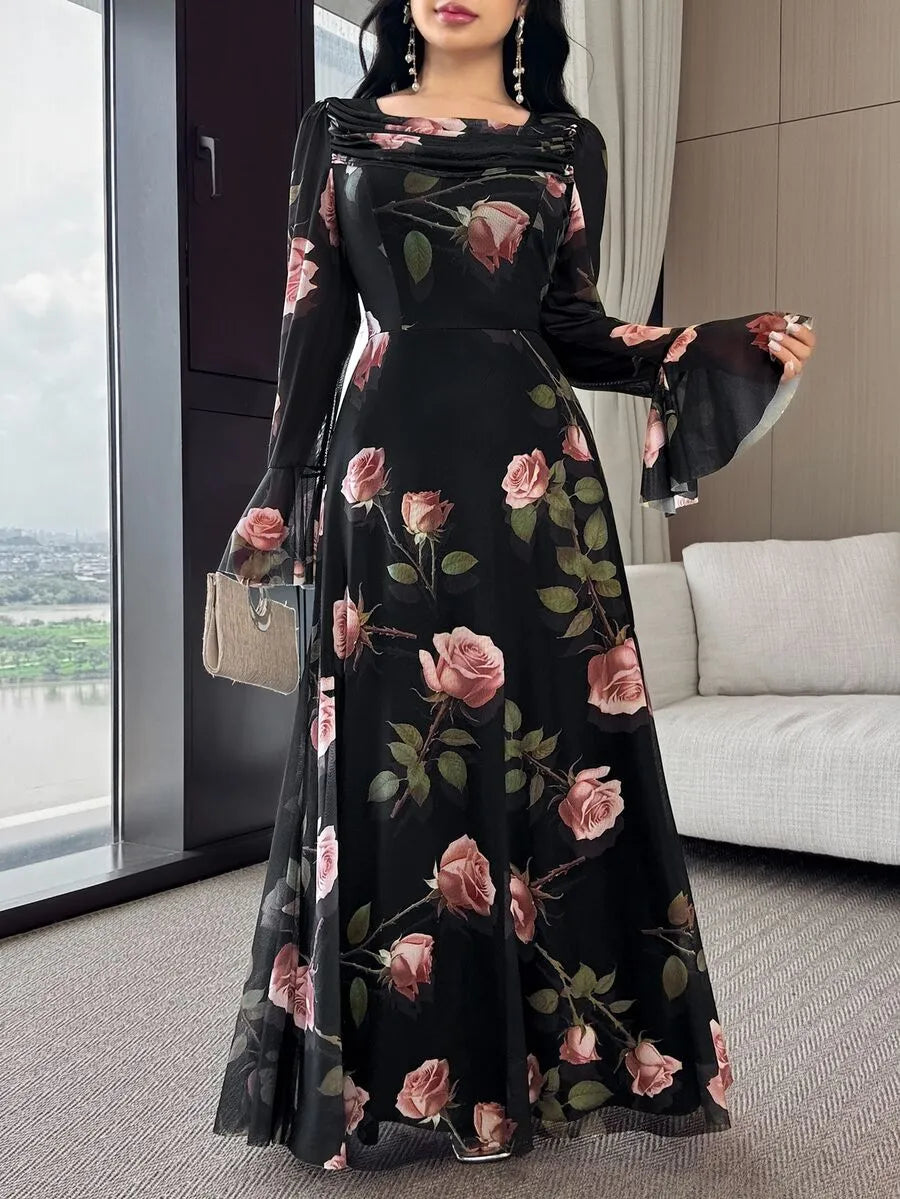 SHEIN Feyla فستان طويل بياقة دائرية وأكمام بات وينج وخصر مرتفع بلون عنابي