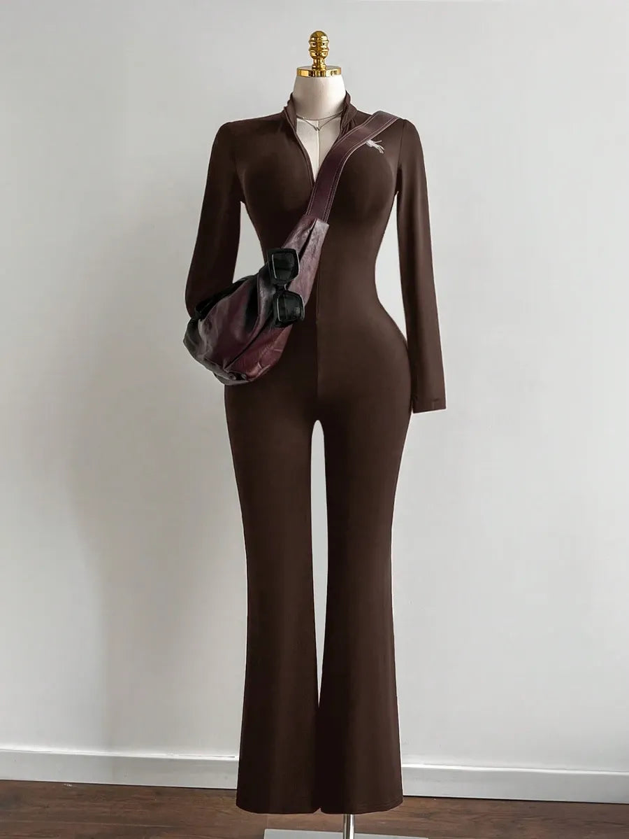 SHEIN Flirla جمبسوت نسائي ضيق بياقة واقفة وسحاب أمامي بلون بني