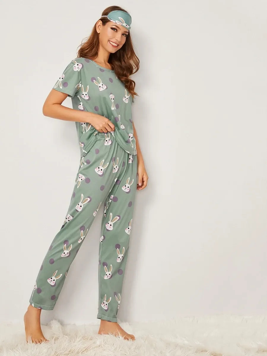 SHEIN طقم بيجاما منقط بطباعة أرنب بلون أخضر