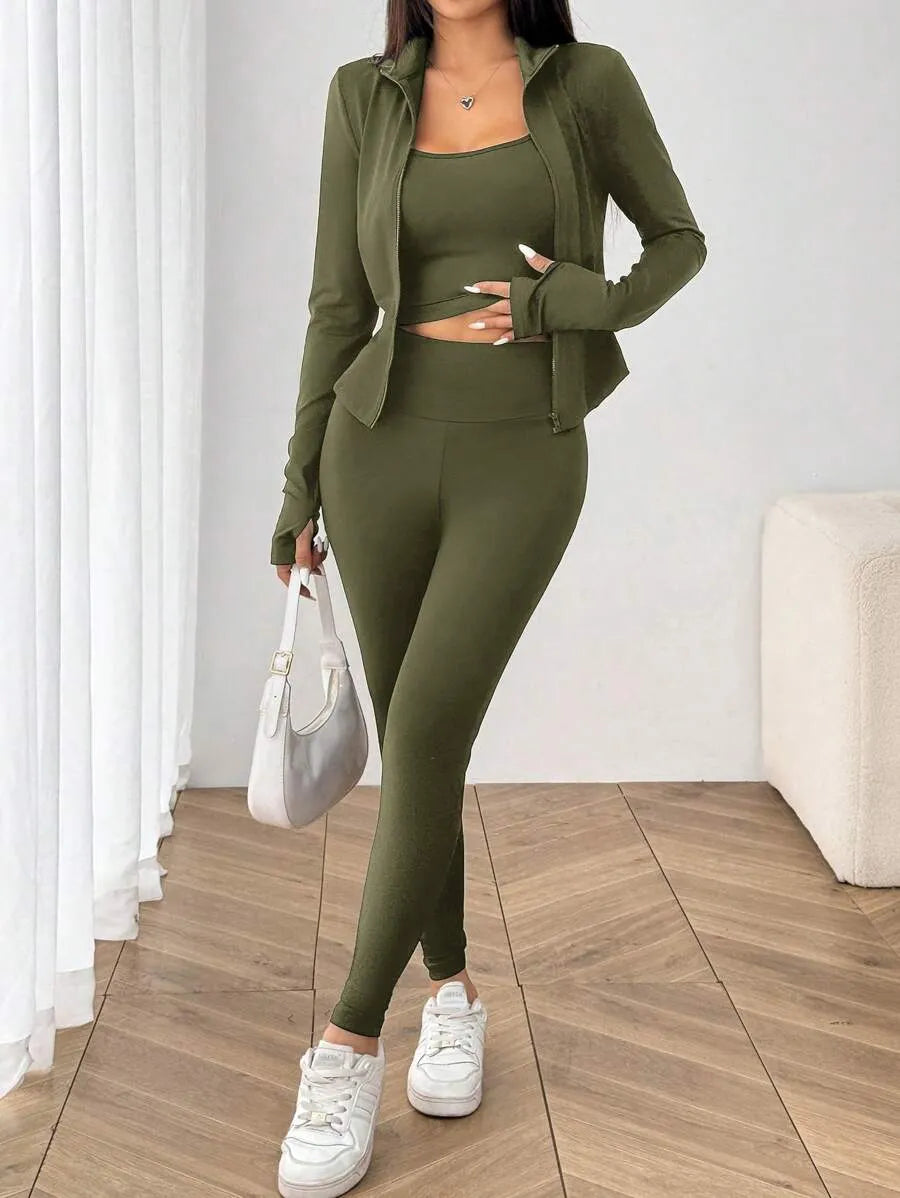 SHEIN EZwear طقم رياضي نسائي 3 قطع جاكيت بسحاب وتوب قصير وليجنز بلون أخضر عسكري