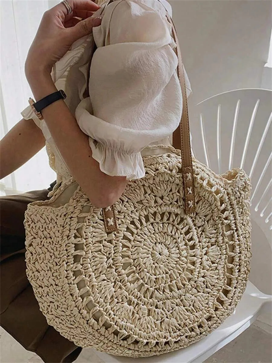 SHEIN حقيبة يد وكتف دائرية مجوفة منسوجة من القش