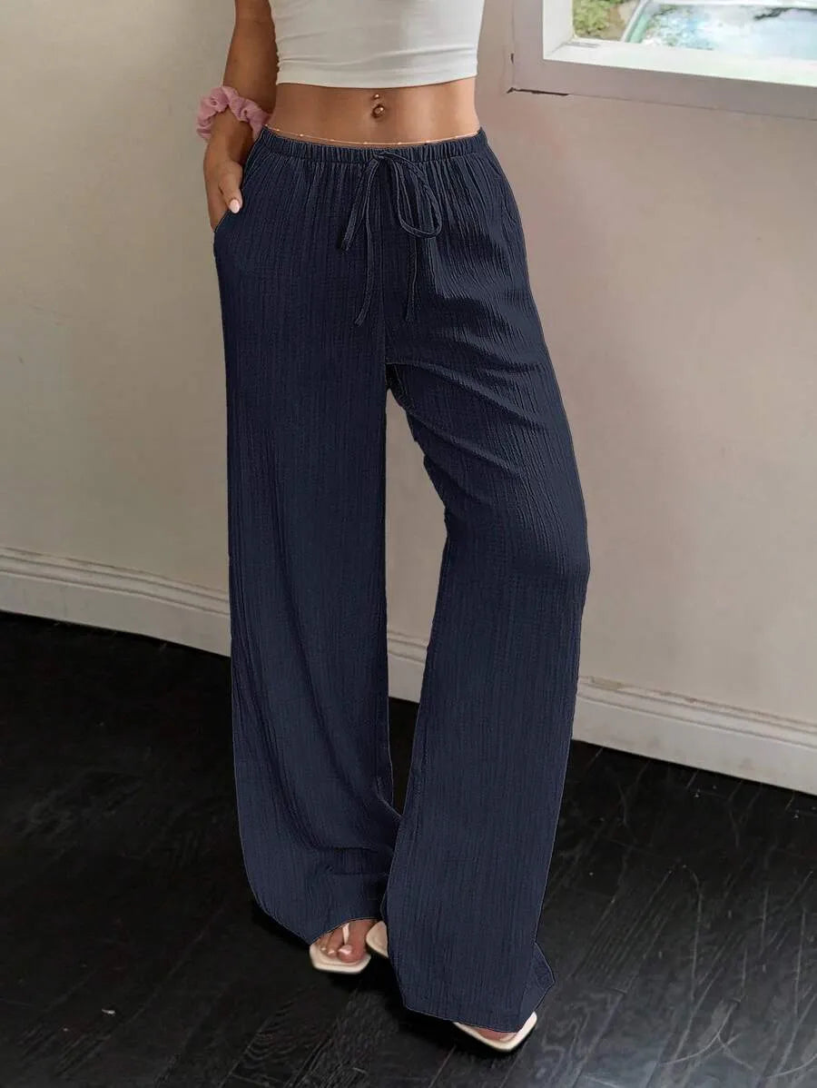 SHEIN Flirla بنطال نسائي فضفاض واسع بخصر منخفض بلون أزرق بحري