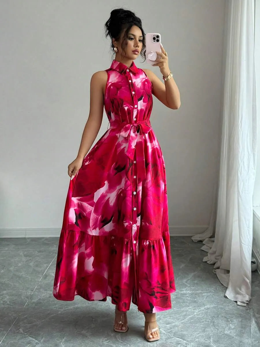 SHEIN Elenzga فستان ماكسي بياقة كشكش وأزرار أمامية وخصر مرتفع بنقشة زهور بلون وردي أحمر