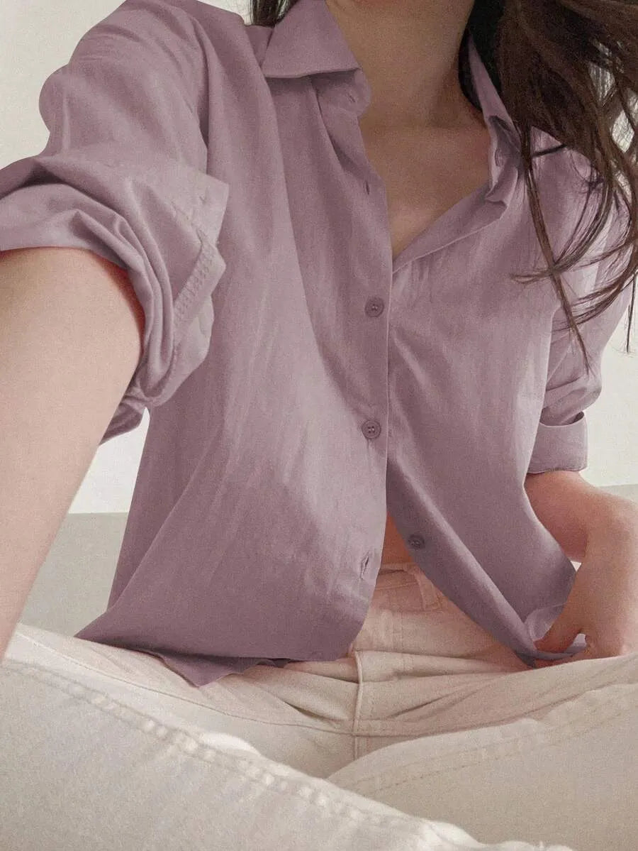 SHEIN DAZY قميص نسائي فضفاض بأزرار أمامية وأكتاف منخفضة بلون أرجواني
