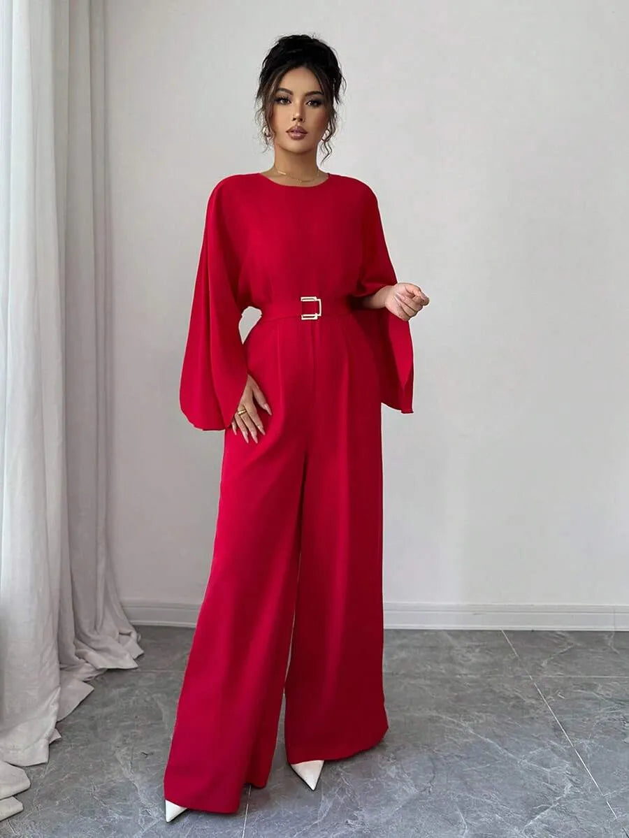 SHEIN Elenzga جمبسوت نسائي فضفاض بأكمام خفاش وحزام وتصميم متباين بلون أحمر
