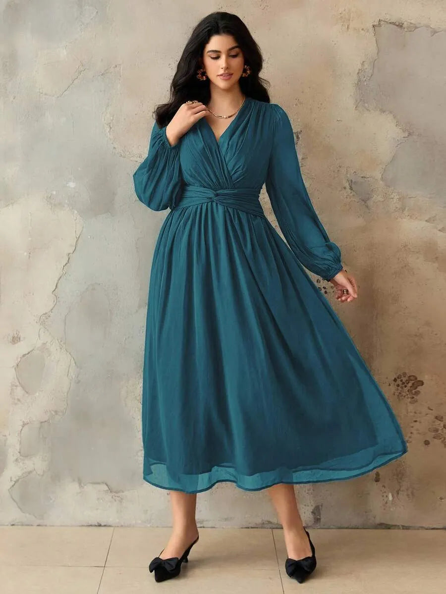 SHEIN Roveilla فستان نسائي بياقة وخصر مجعد وأكمام فانوس بلون أزرق مخضر