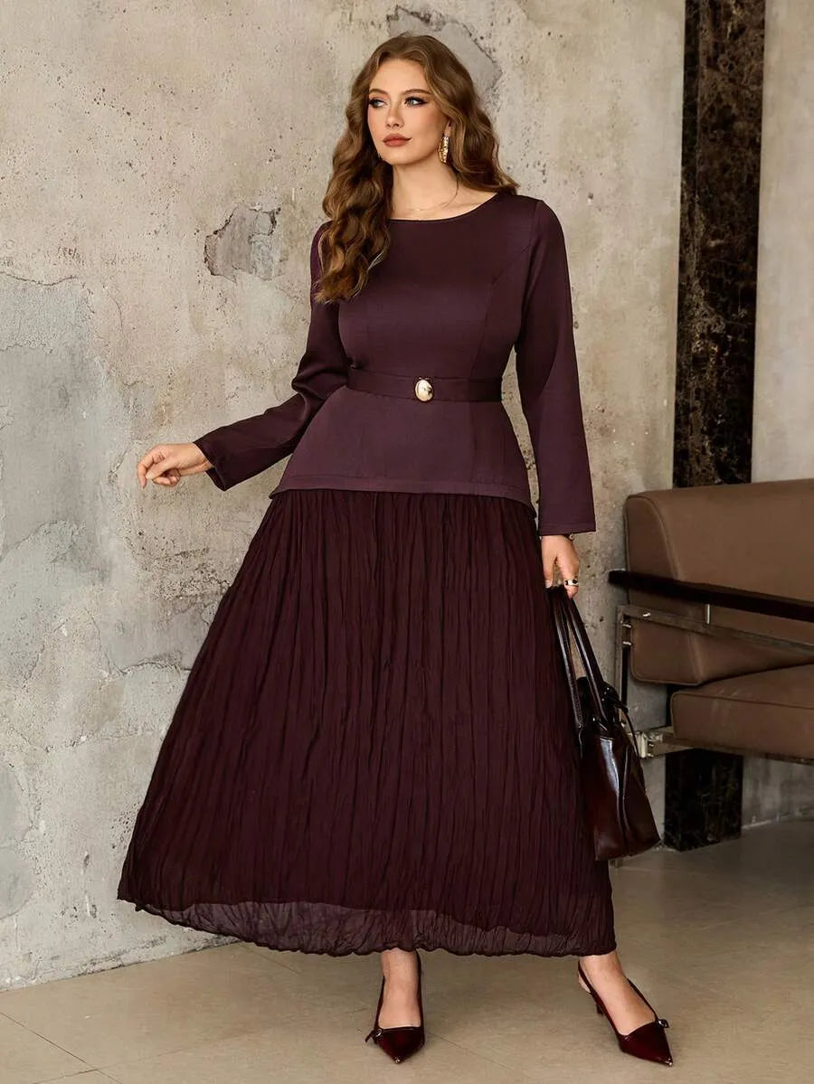 SHEIN Roveilla فستان نسائي طويل بأكمام طويلة وخصر مطوي مع حزام بلون كستنائي