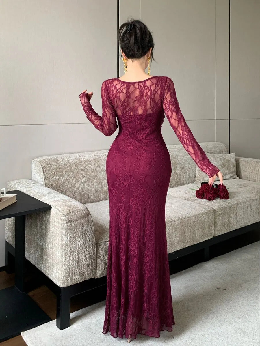 SHEIN Modelyn فستان ميدي بياقة غير متماثلة وأكمام واسعة من الدانتيل بلون عنابي