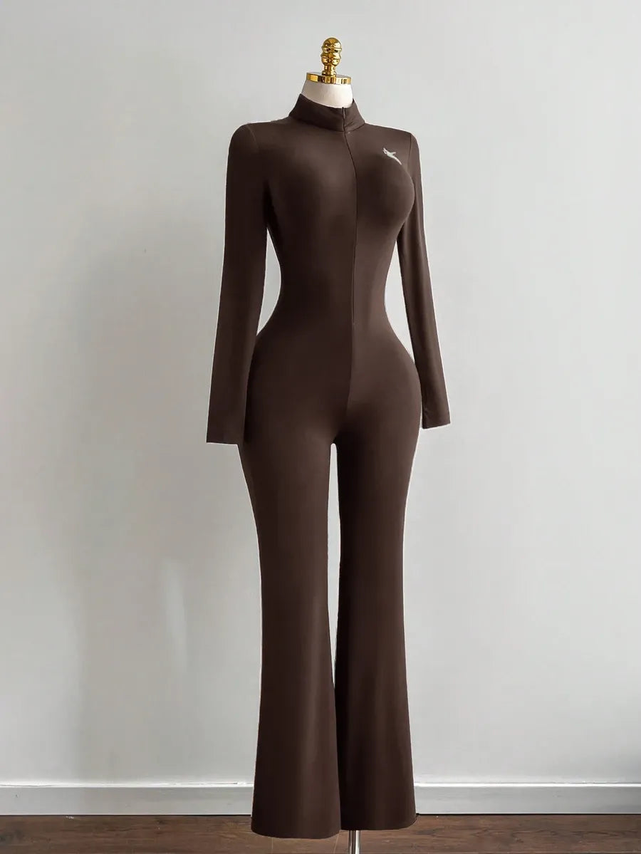 SHEIN Flirla جمبسوت نسائي ضيق بياقة واقفة وسحاب أمامي بلون بني