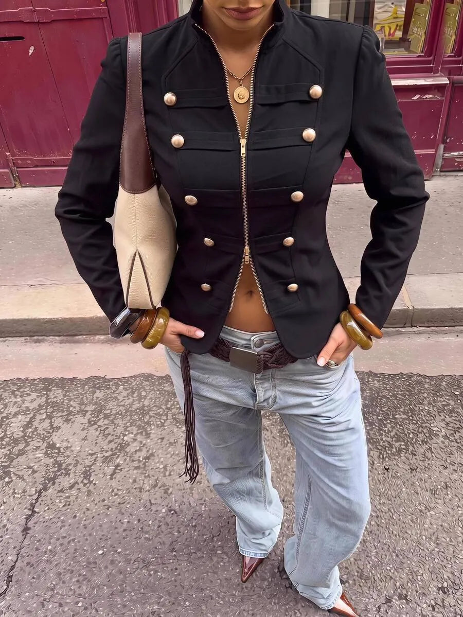 SHEIN Lavishia جاكيت نسائي عسكري بياقة واقفة وسحاب أمامي