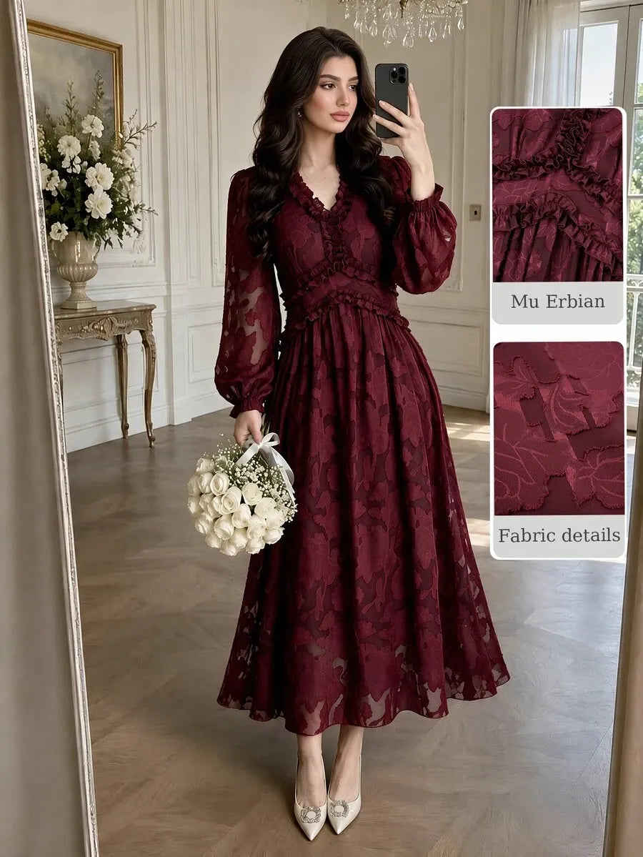 SHEIN NOVVYNE فستان نسائي طويل بياقة وأكمام واسعة وخصر مرتفع وكشكشة بلون عنابي
