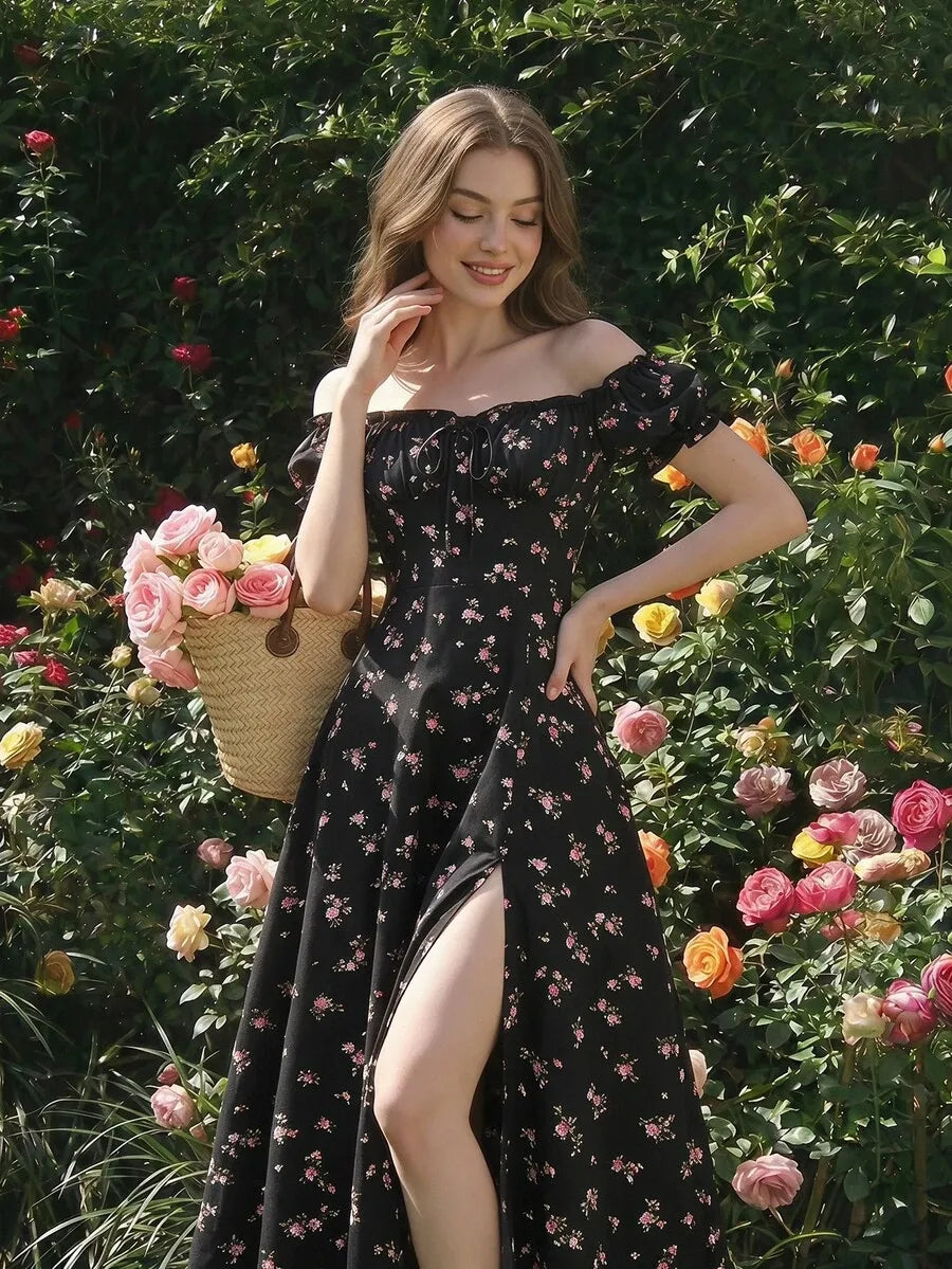 SHEIN Skyraze فستان نسائي بكتف مكشوف و بنقشة زهور صغيرة متعدد الألوان