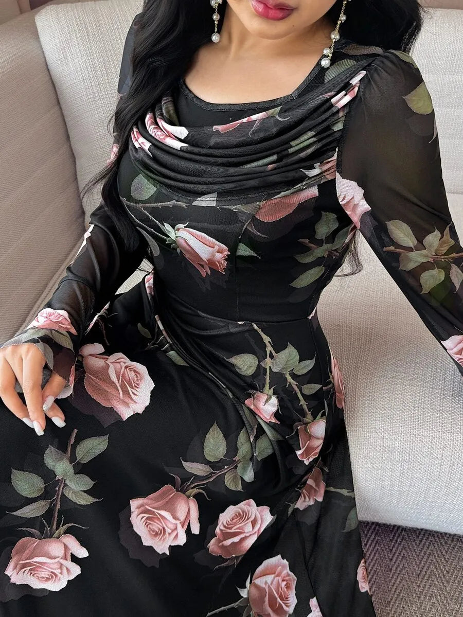 SHEIN Feyla فستان طويل بياقة دائرية وأكمام بات وينج وخصر مرتفع بلون عنابي