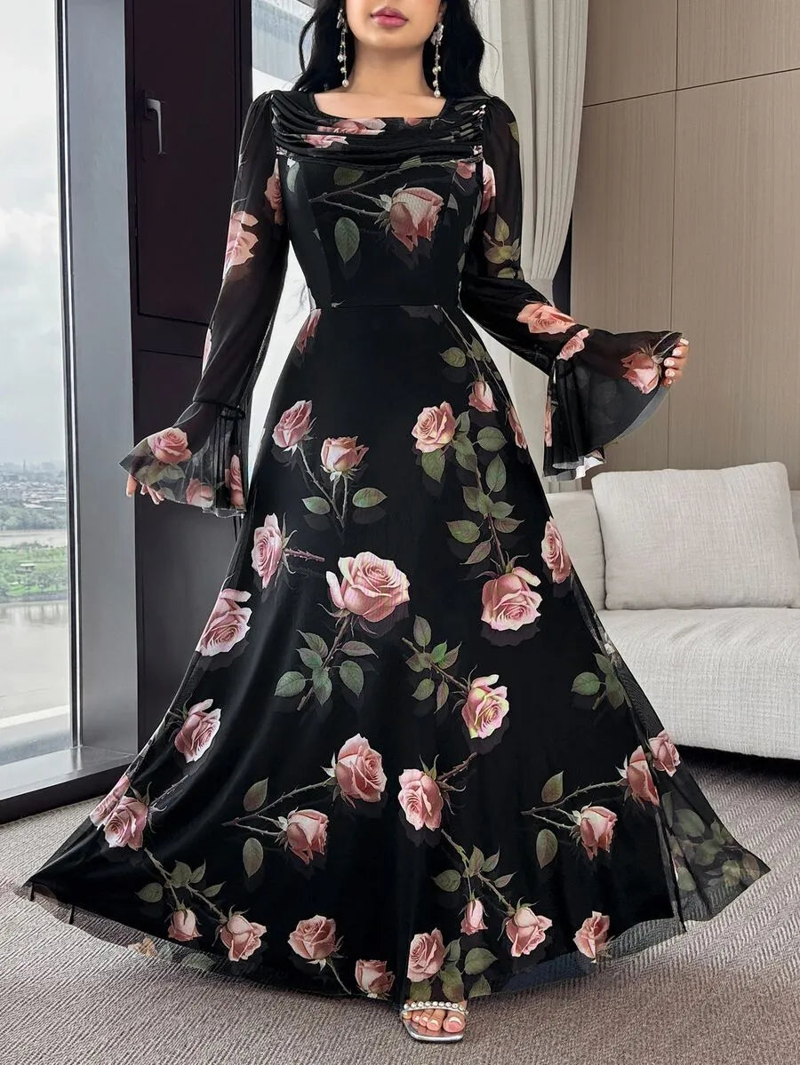 SHEIN Feyla فستان طويل بياقة دائرية وأكمام بات وينج وخصر مرتفع بلون عنابي