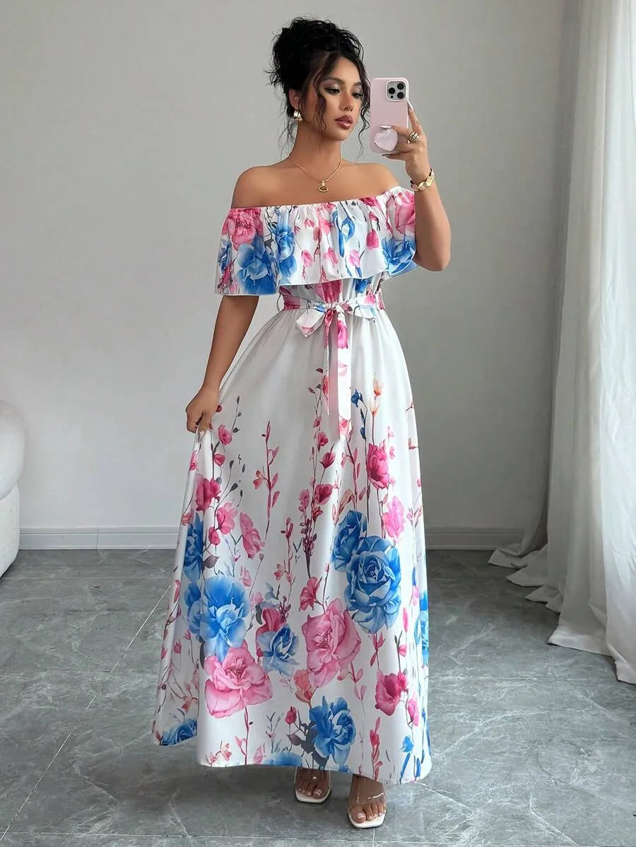 SHEIN Elenzga فستان ماكسي مكشوف الكتفين بأكمام واسعة وخصر مرتفع بنقشة زهور بلون وردي