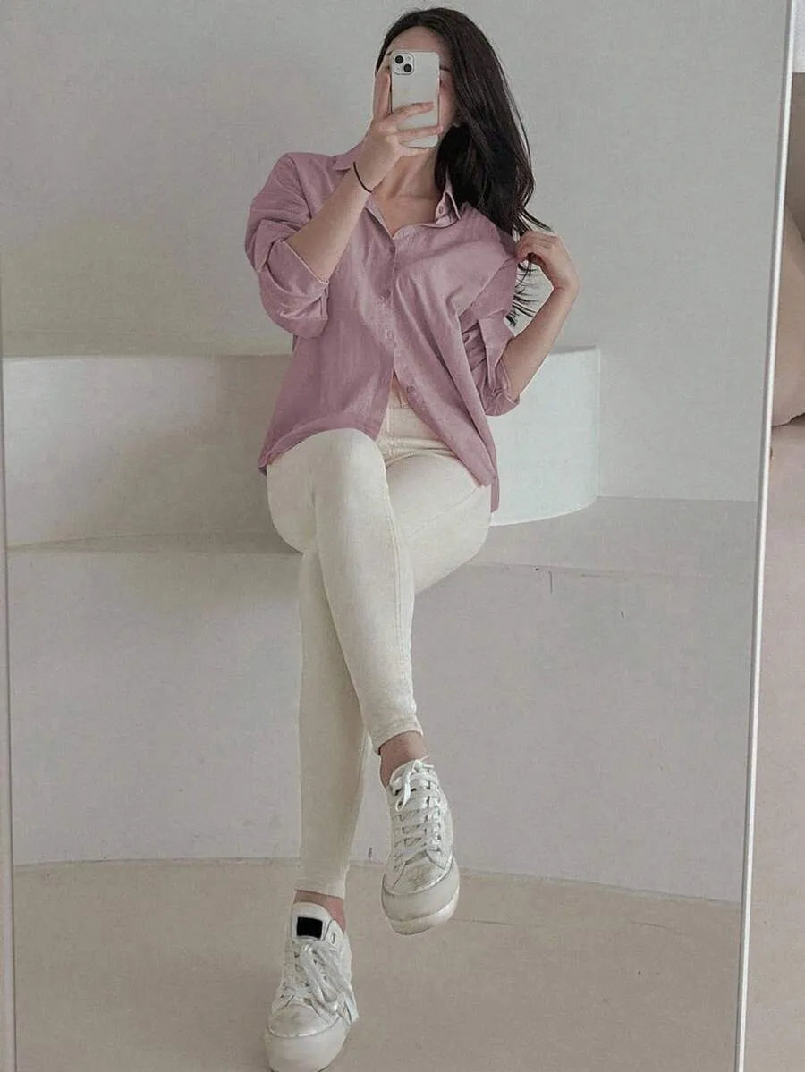 SHEIN DAZY قميص نسائي فضفاض بأزرار أمامية وأكتاف منخفضة بلون أرجواني