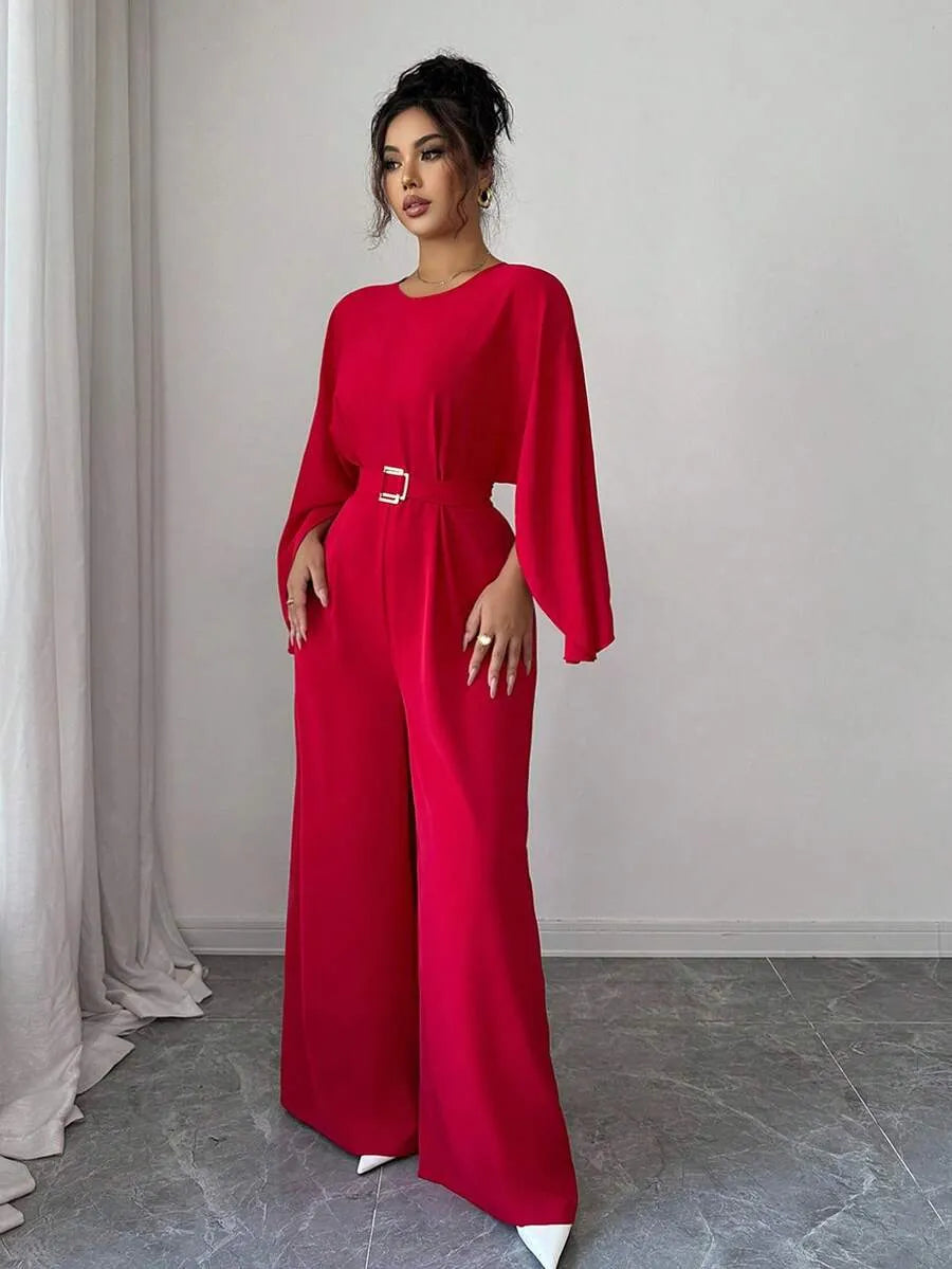 SHEIN Elenzga جمبسوت نسائي فضفاض بأكمام خفاش وحزام وتصميم متباين بلون أحمر