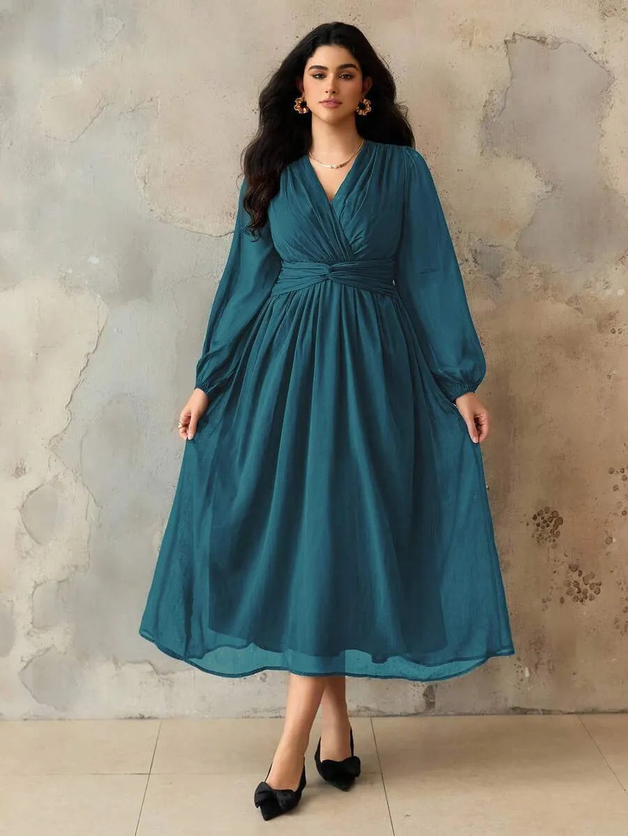 SHEIN Roveilla فستان نسائي بياقة وخصر مجعد وأكمام فانوس بلون أزرق مخضر