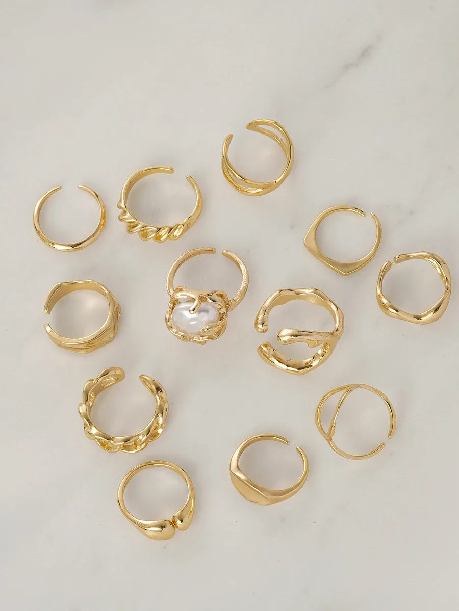 SHEIN Clariva مجموعة 12 قطعة خواتم نسائية هندسية غير متماثلة قابلة للتعديل بلون ذهبي