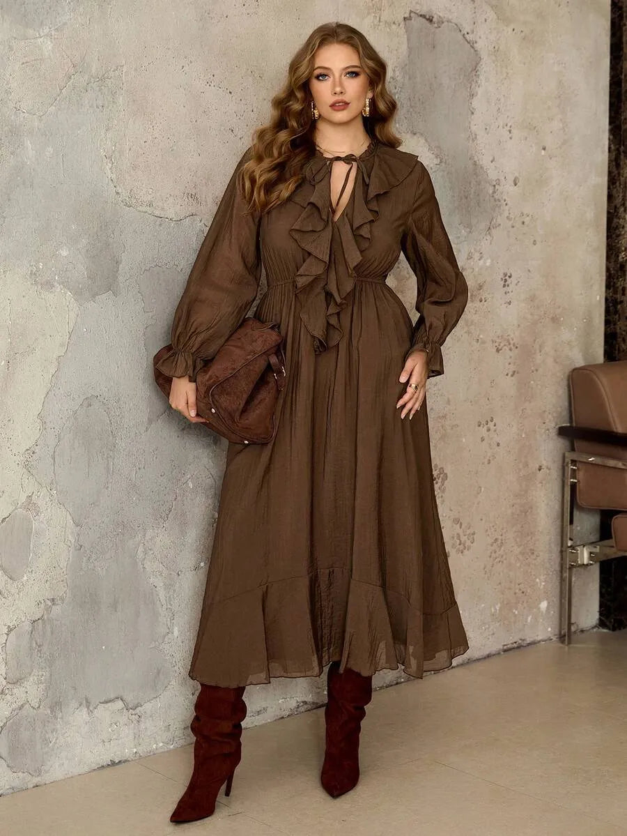 SHEIN Roveilla فستان نسائي بياقة وخصر برباط بلون بني