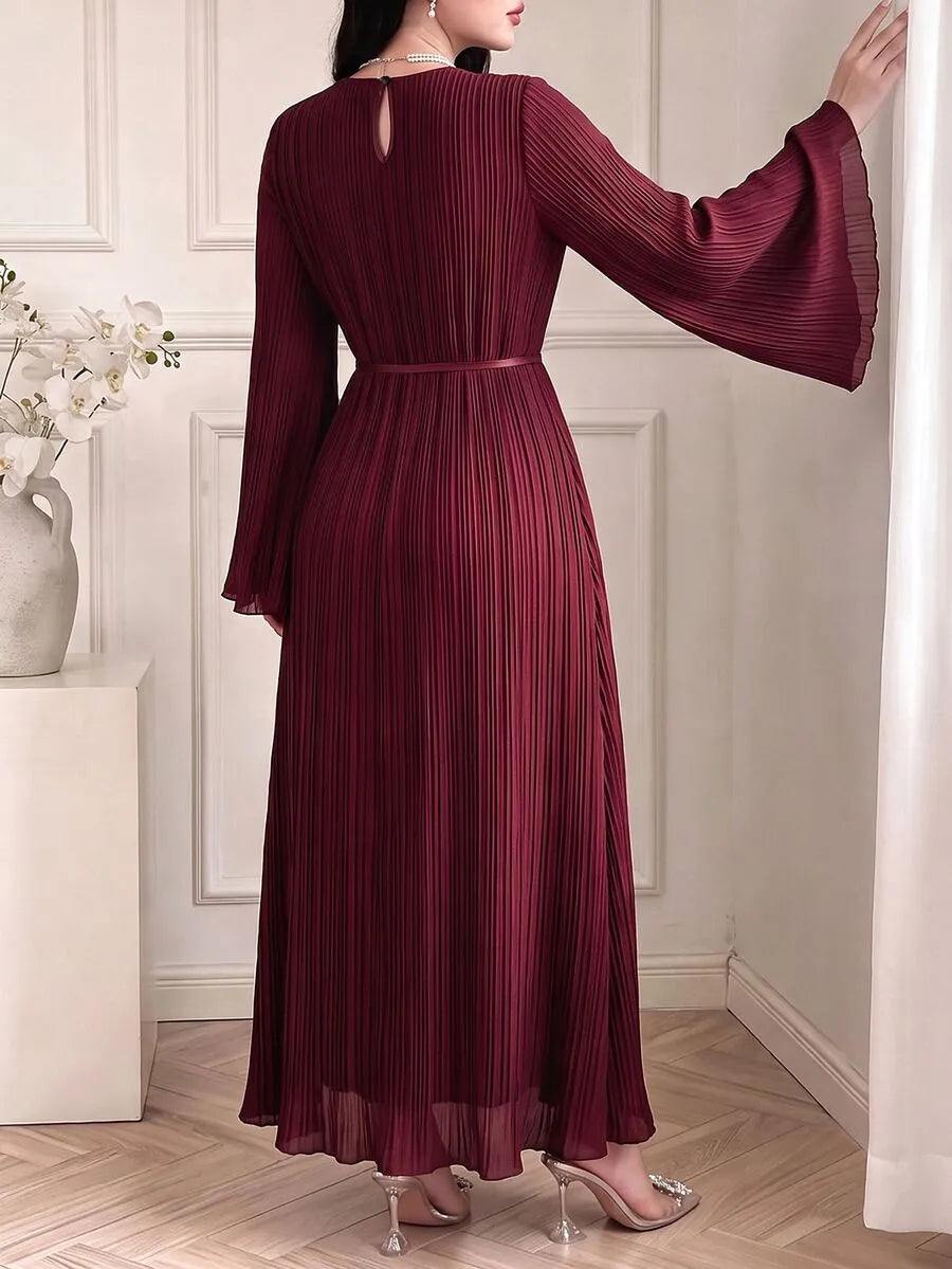 SHEIN Celisse فستان ماكسي بياقة دائرية وأكمام طويلة وخصر برباط خلفي بلون عنابي