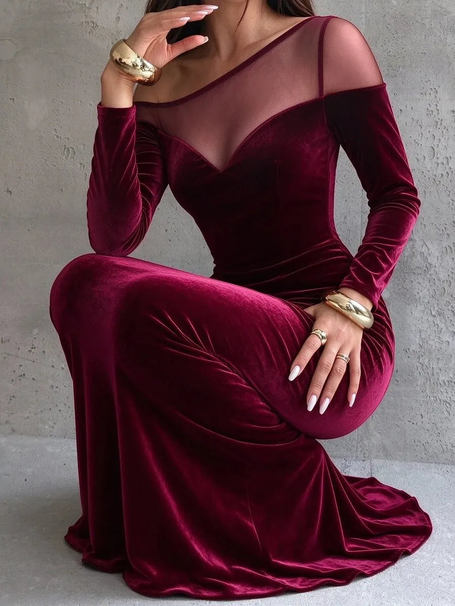 SHEIN Penseblé فستان نسائي مخملي طويل بياقة غير متماثلة وتفاصيل شبكية وذيل حورية البحر بلون عنابي