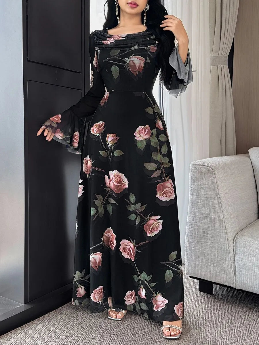 SHEIN Feyla فستان طويل بياقة دائرية وأكمام بات وينج وخصر مرتفع بلون عنابي
