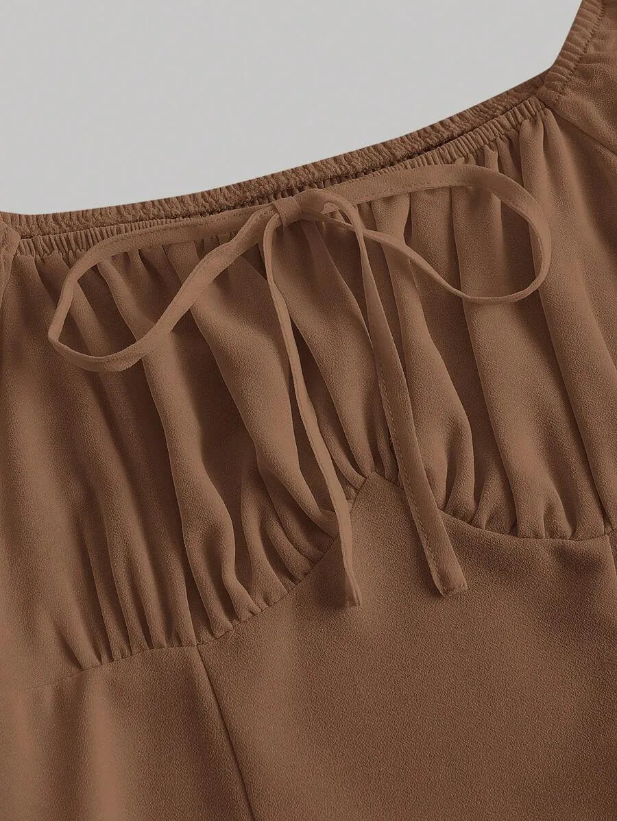 SHEIN MOD فستان نسائي طويل بياقة مربعة وتفاصيل دانتيل وطيات صدر بلون بني