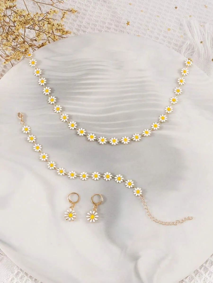 SHEIN طقم مجوهرات نسائي قلادة وسوار وأقراط بتصميم زهرة عباد الشمس