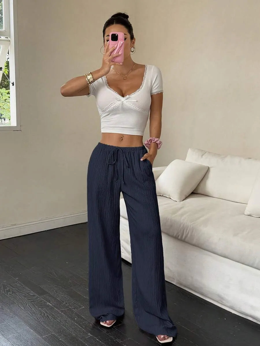 SHEIN Flirla بنطال نسائي فضفاض واسع بخصر منخفض بلون أزرق بحري