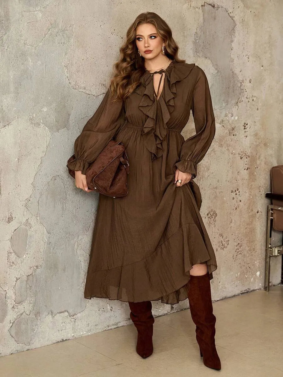 SHEIN Roveilla فستان نسائي بياقة وخصر برباط بلون بني