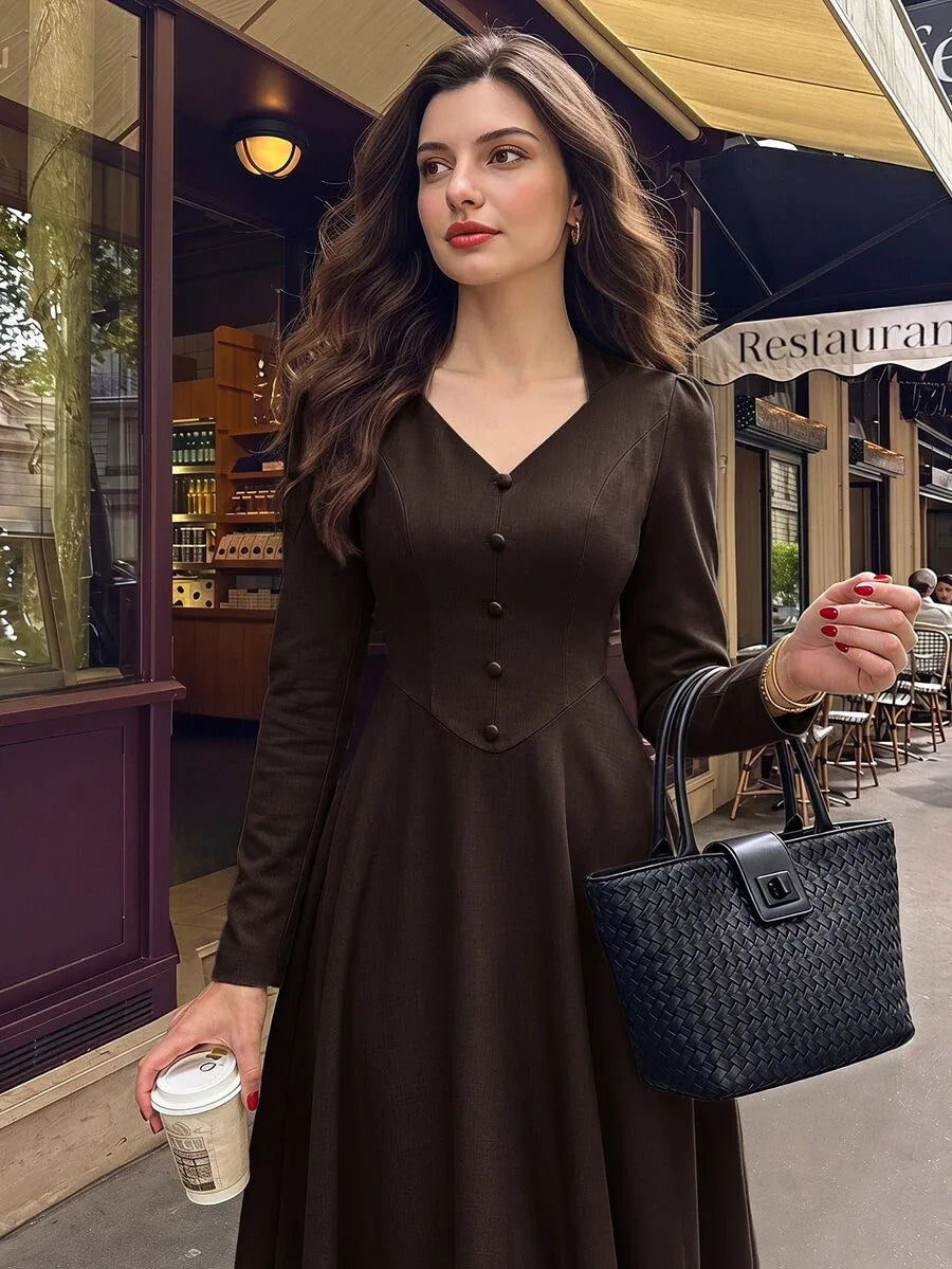 SHEIN Vintamour فستان طويل بياقة وأزرار أمامية وقصة بلون بني