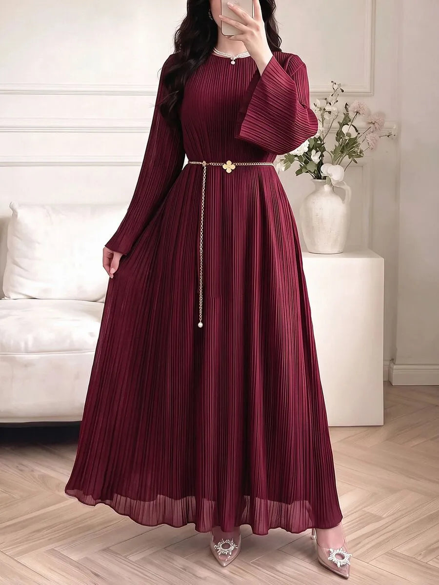 SHEIN Celisse فستان ماكسي بياقة دائرية وأكمام طويلة وخصر برباط خلفي بلون عنابي