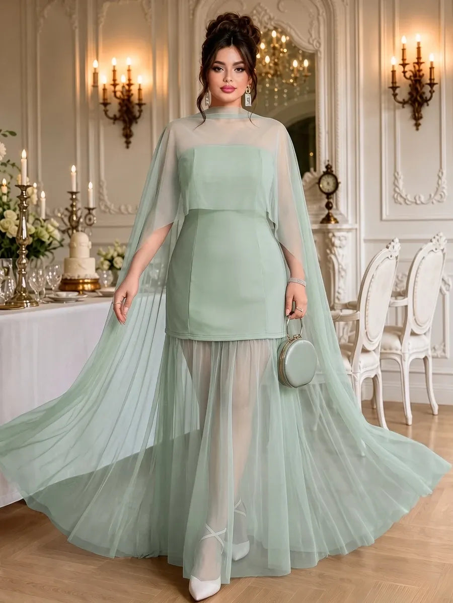 SHEIN Roveilla فستان نسائي من الشبك بوشاح وبدون أكمام بلون أخضر نعناع
