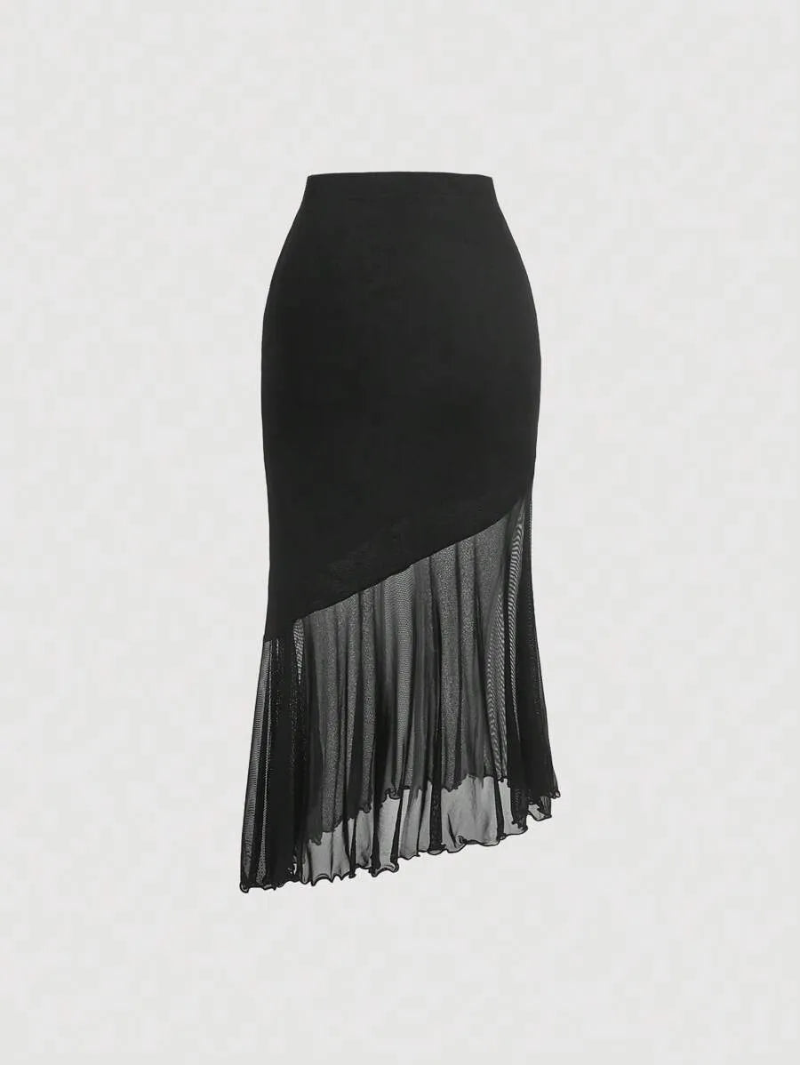 SHEIN MOD تنورة نسائية ميدي بخصر عالٍ وحافة غير متماثلة بتفاصيل شبكية بلون أسود