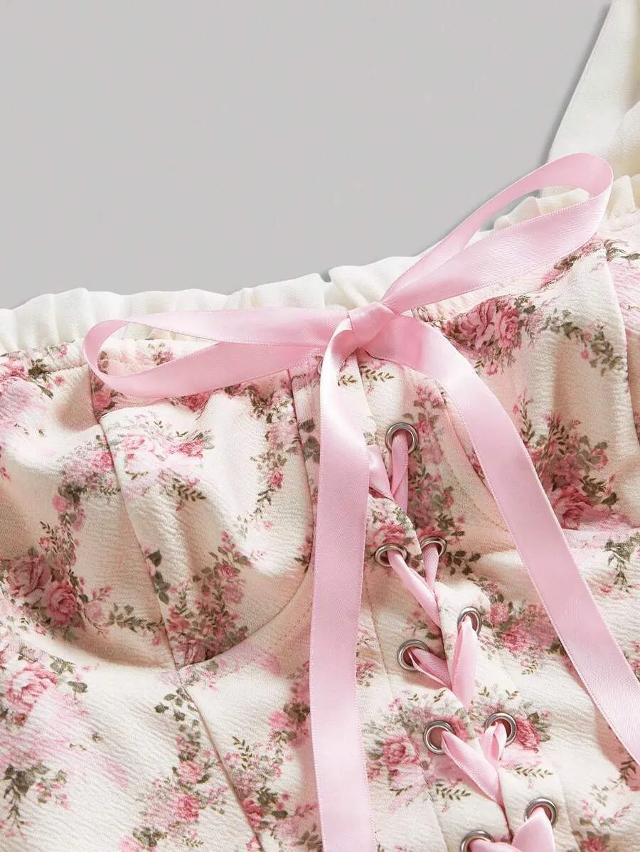 SHEIN MOD فستان بلون متعدد الألوان قصير وأكتاف مكشوفة وطبعات زهور وكشكش