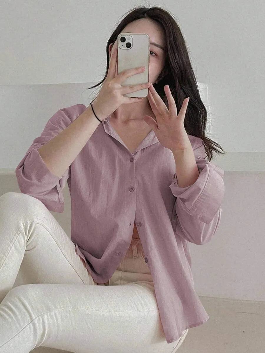 SHEIN DAZY قميص نسائي فضفاض بأزرار أمامية وأكتاف منخفضة بلون أرجواني