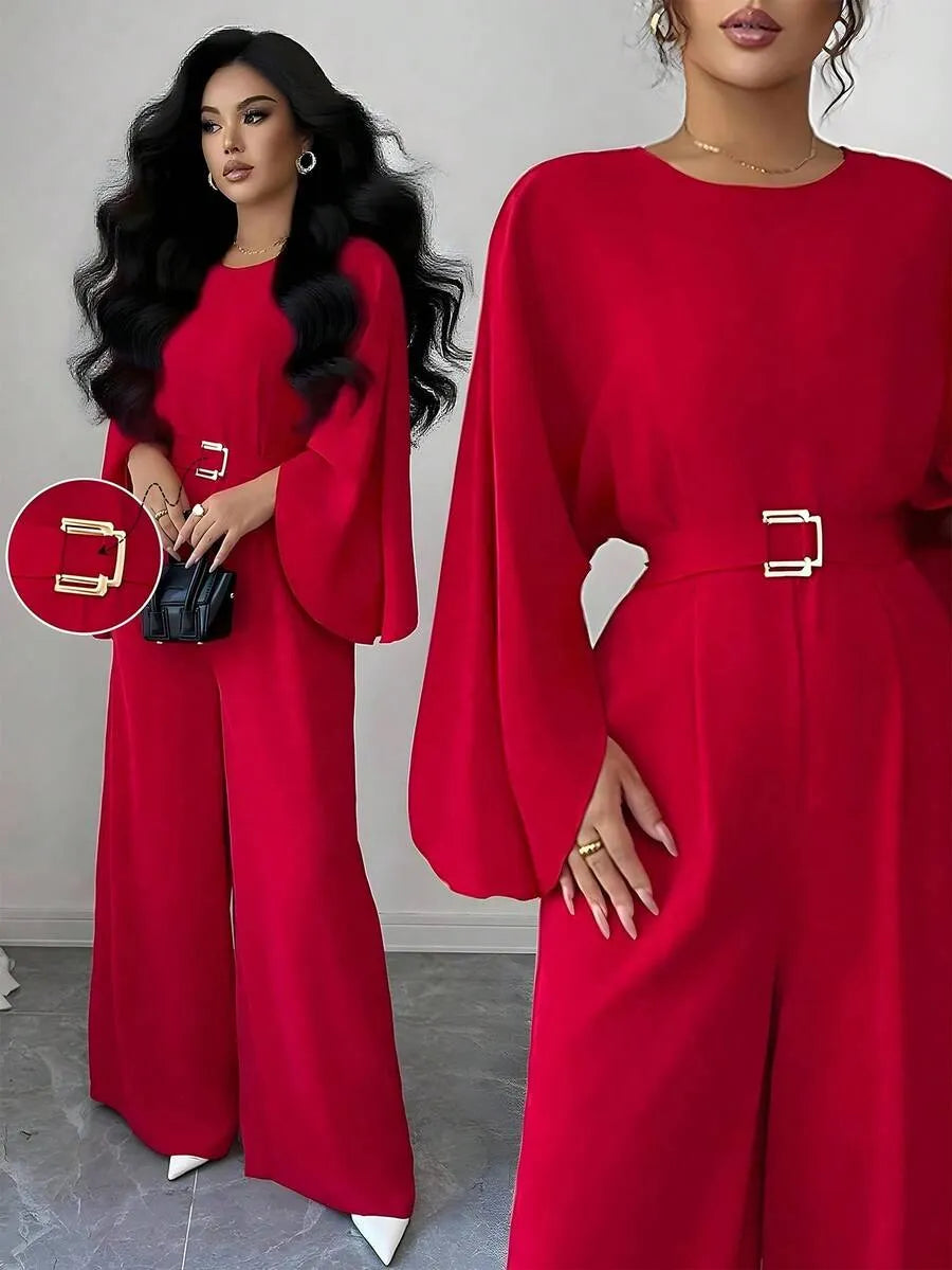 SHEIN Elenzga جمبسوت نسائي فضفاض بأكمام خفاش وحزام وتصميم متباين بلون أحمر