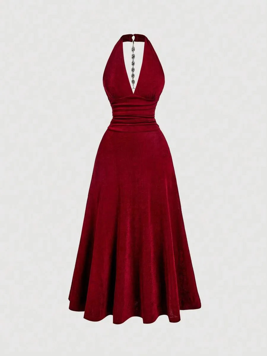 SHEIN MOD فستان نسائي ميدي بخصر مكشكش وياقة رسن بلون عنابي