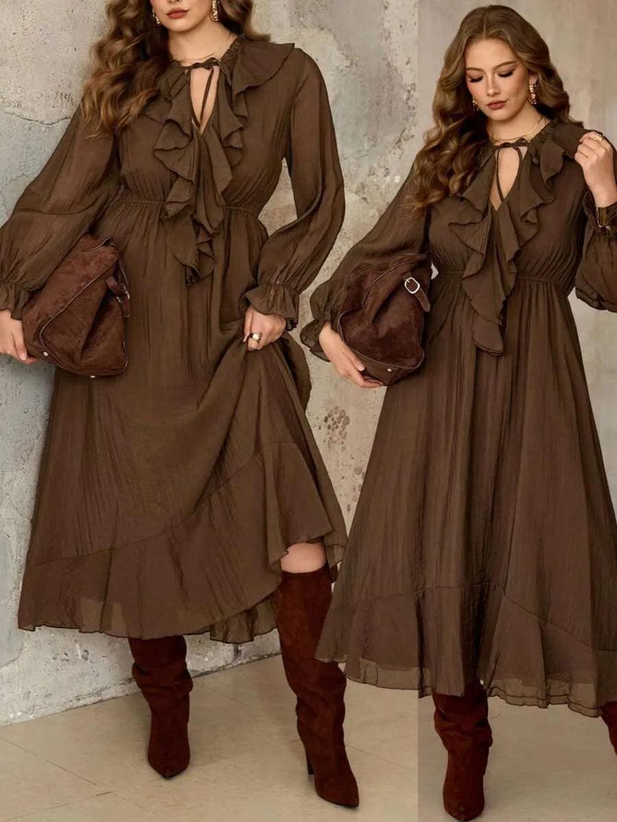 SHEIN Roveilla فستان نسائي بياقة وخصر برباط بلون بني