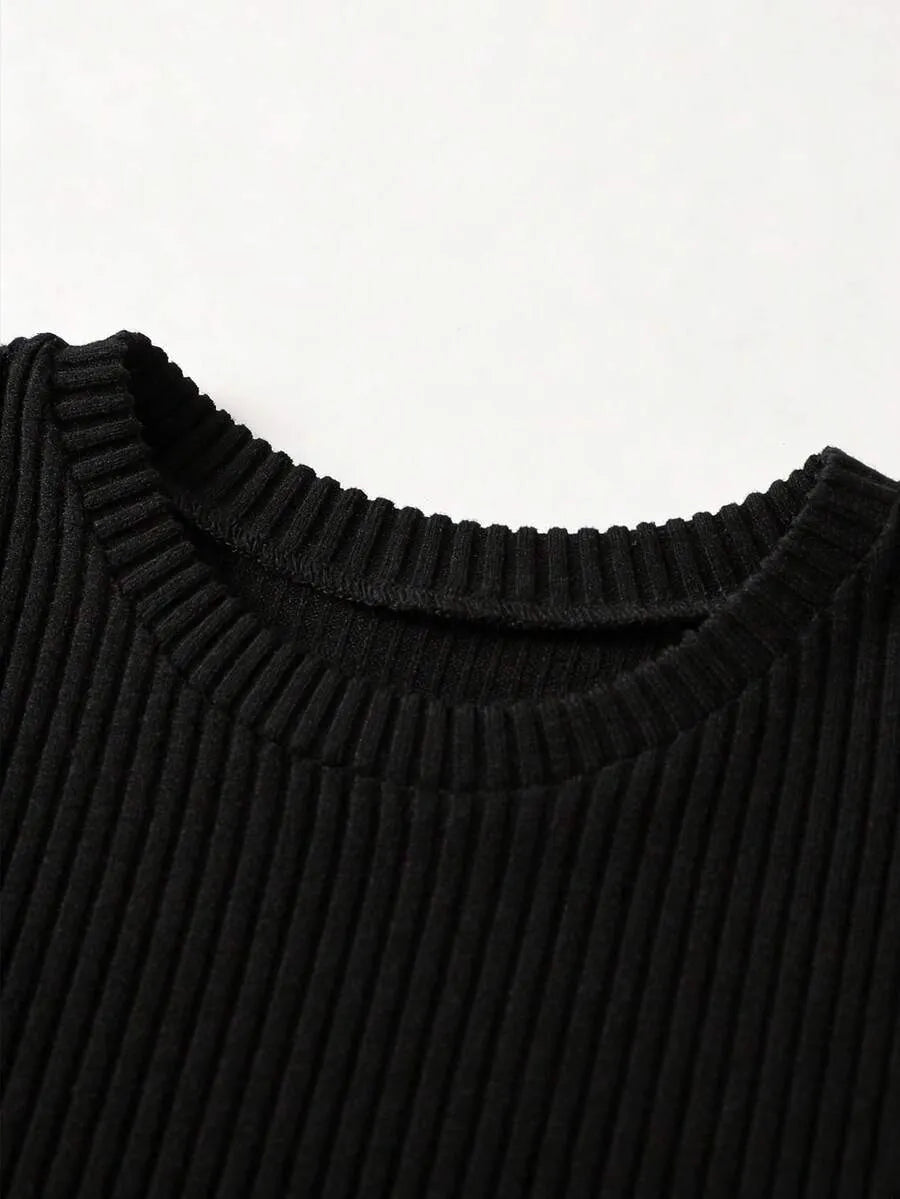 SHEIN Franclia فستان محبوك مضلع ميدي بأكمام قصيرة وأزرار أمامية بلون أسود